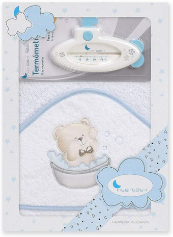 badaccessoires Teddy 100 cm katoen wit/blauw 2-delig