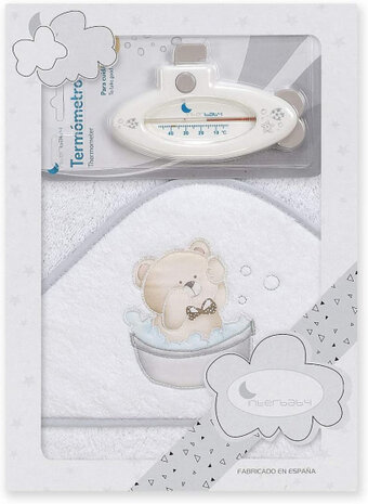 badaccessoires Teddy 100 cm katoen wit/grijs 2-delig