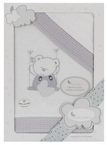 lakenset wieg Beer 152 x 102 cm katoen grijs 3-delig