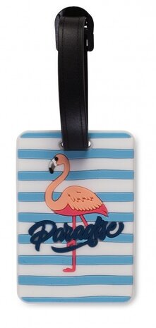 bagagelabel Flamingo 11 cm blauw/wit 2 stuks