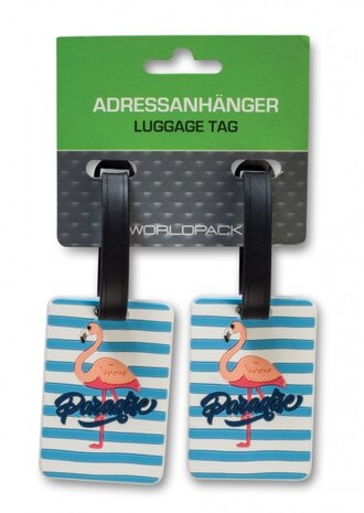 bagagelabel Flamingo 11 cm blauw/wit 2 stuks