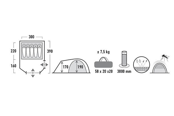 koepeltent Tessin 5-persoons 390 x 300 x 190 cm grijs