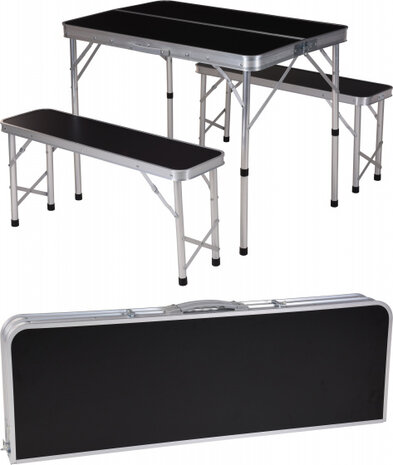 campingtafel en banken inklabaar 90 x 60 cm alu zwart