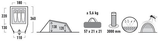 tunneltent Ascoli 3-persoons 360 x 180 x 130 cm grijs
