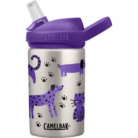 drinkfles Eddy+ Kids Cats &amp; Dogs 400 ml RVS grijs/paars