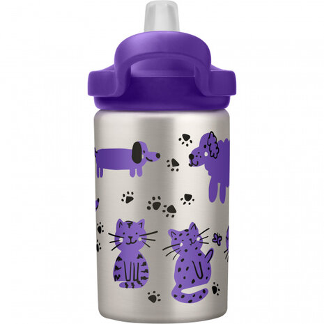 drinkfles Eddy+ Kids Cats &amp; Dogs 400 ml RVS grijs/paars