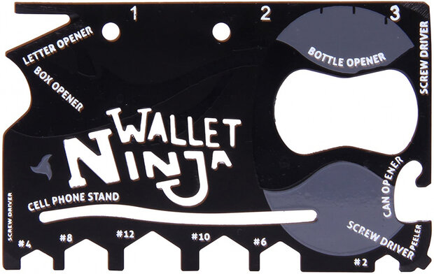 multitool Wallet Ninja 7 cm zwart 18 functies