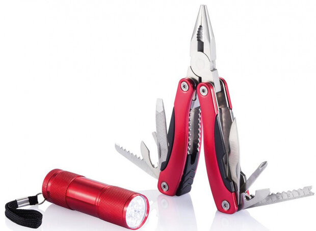 multitool met zaklamp 14 cm RVS/aluminium rood