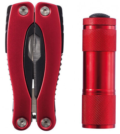 multitool met zaklamp 14 cm RVS/aluminium rood