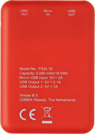powerbank 5000 mAh 2 USB-poorten rood