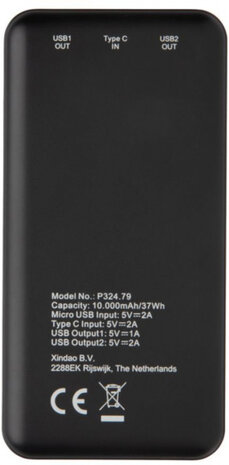 powerbank 10000 mAh 13,6 x 6,8 cm ABS zwart