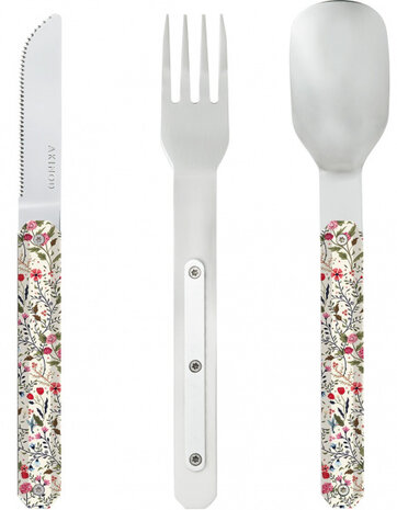 campingbestek bloemen 18 x 3,3 cm RVS zilver/wit 3-delig