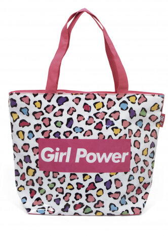 strandtas Girl Power meisjes 52 cm canvas roze/wit