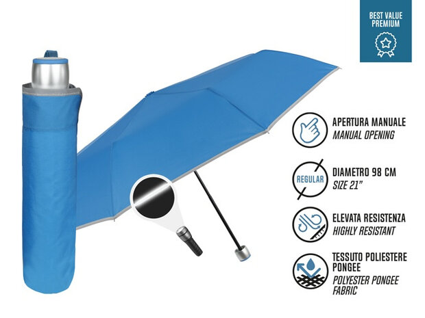 paraplu Mini 98 cm microfiber/staal blauw/zilver