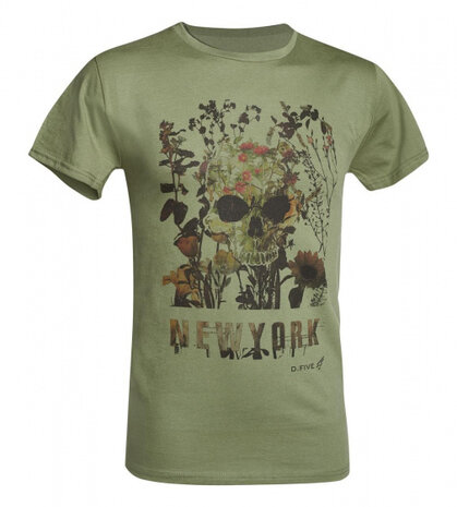 T-shirt Skull with Flowers heren katoen legergroen maat L