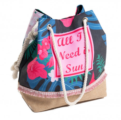 strandtas dames 40 cm katoen roze/blauw
