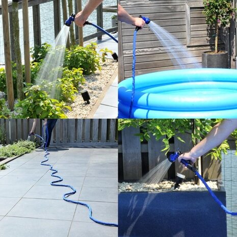uitrekbare tuinslang 22,5 meter met spuitkop blauw