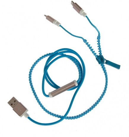 oplaadkabel 2-in-1 zipkabel 50 cm blauw