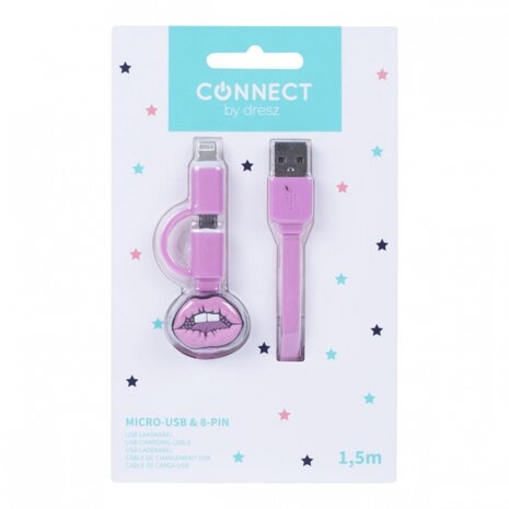 laadkabel lippen 2-in-1 Mic-USB 8-pin roze