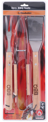 barbecueset 3-delig RVS met eikenhouten handvat