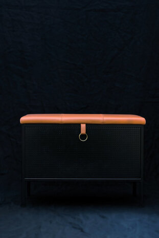 opbergbank Frank 66 x 47,5 x 38 cm staal/leer zwart/cognac