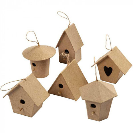 vogelhuisjes 7 cm papier-mach&eacute; blank 6 stuks