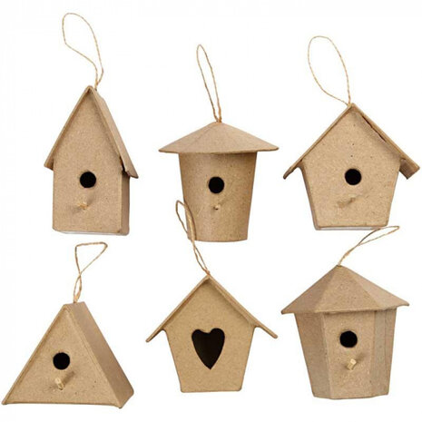 vogelhuisjes 7 cm papier-mach&eacute; blank 6 stuks