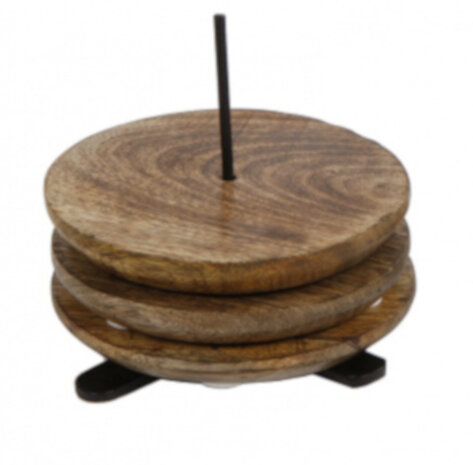 onderzetters Mango 10 cm hout/staal naturel/zwart 7-delig