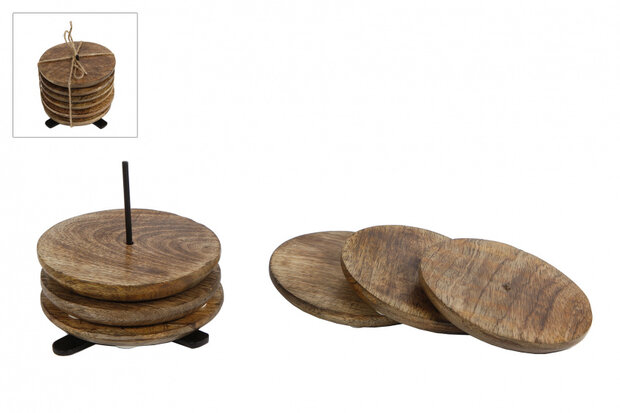 onderzetters Mango 10 cm hout/staal naturel/zwart 7-delig