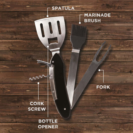 barbecue-multitool 5-in-1 RVS 30 cm zwart/zilver