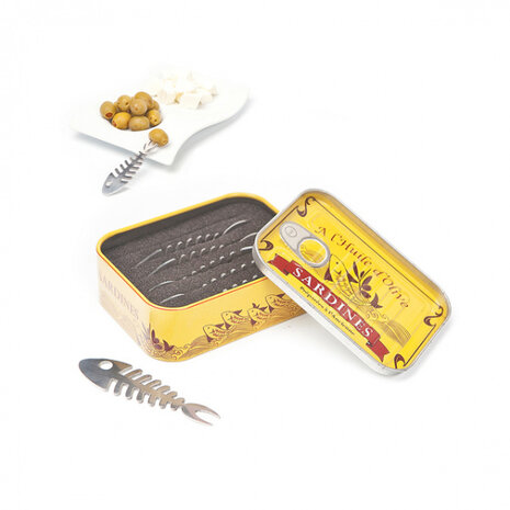 snackvorkjes Sardines RVS/tin zilver/geel 6 stuks