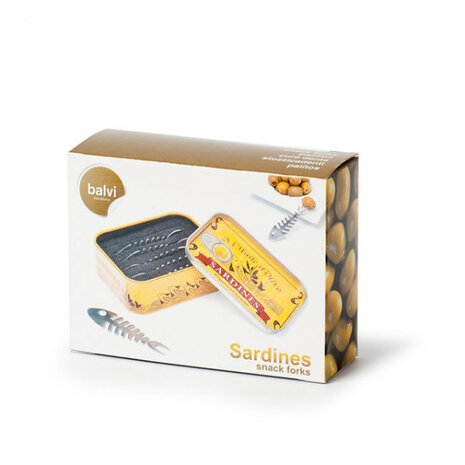 snackvorkjes Sardines RVS/tin zilver/geel 6 stuks