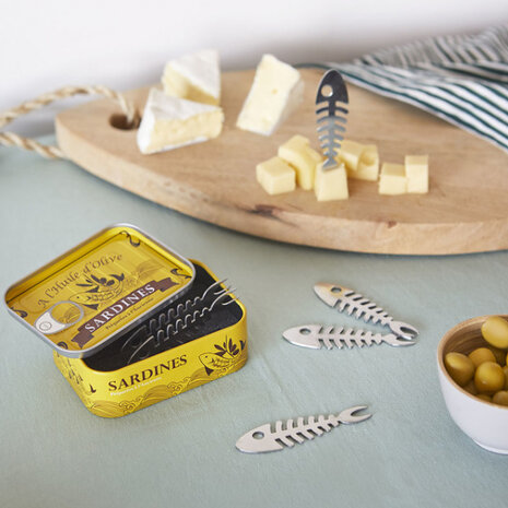 snackvorkjes Sardines RVS/tin zilver/geel 6 stuks