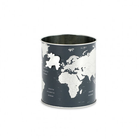 pennenbakje Globe 10 x 8,5 cm blik zwart/zilver 2-delig