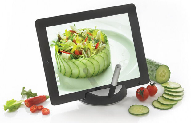 tabletstandaard met touchpen Chef 12 cm RVS zwart