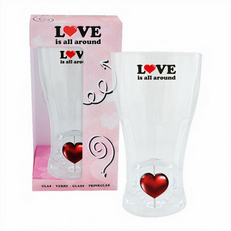 glas met hartje 8,5 x 15 cm glas transparant/rood
