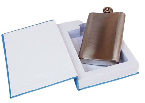heupfles in boek 120 ml 14,5 cm staal blauw/zilver