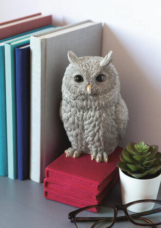 boekensteun uil 3D 10 x 21 x 15 cm polyresin grijs/rood