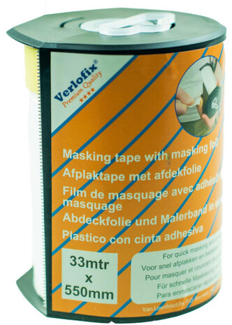 afplaktape met afdekfolie 550 mm x 33 m in dispenser