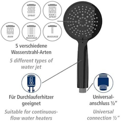 handdouche Young 11 cm 5 straalsoorten ABS zwart
