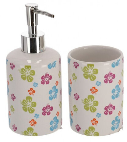 badkameraccessoire-set Gebloemd keramiek wit 2-delig