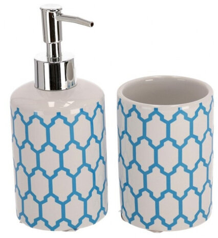 badkamerset 9 x 8 cm keramiek wit/blauw 2-delig