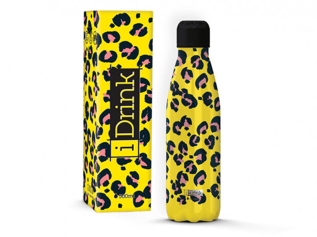 thermosfles Leopard 500 ml RVS geel/zwart