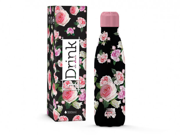 thermosfles Roses 500 ml RVS zwart/roze