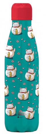 thermosfles Lucky Cat 500 ml RVS groen/rood