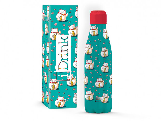 thermosfles Lucky Cat 500 ml RVS groen/rood