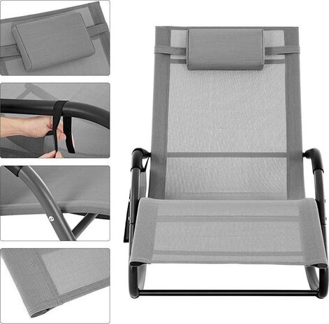 loungestoel 147 x 63 cm staal/textiel grijs 3-delig