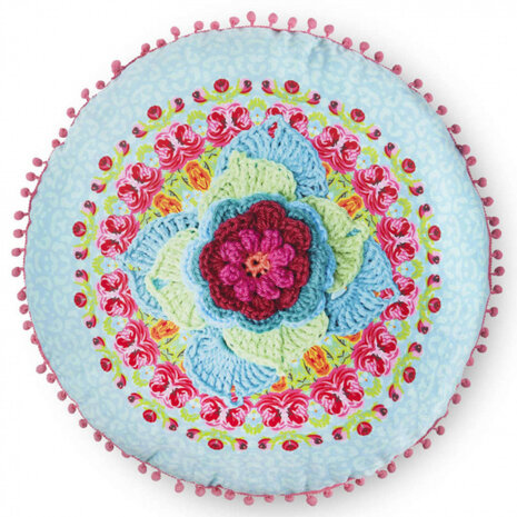 sierkussen rond Happiness 55 cm polyester aqua