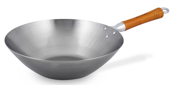 wokpan 32 cm staal/hout zilver/bruin