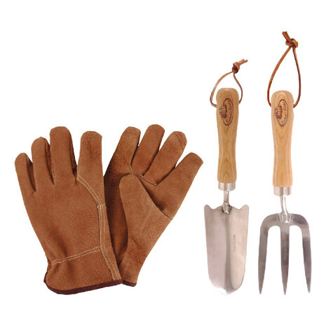 tuingereedschapset RVS/hout/leer bruin 3-delig